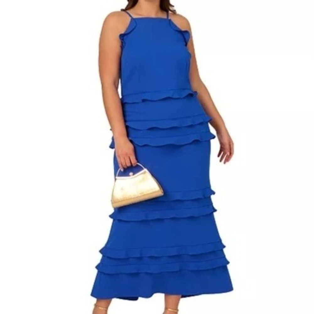 Adrianna Tiered Ruffle Trim Crepe Blue Sleeveless Dress Womens Size 14W NWT